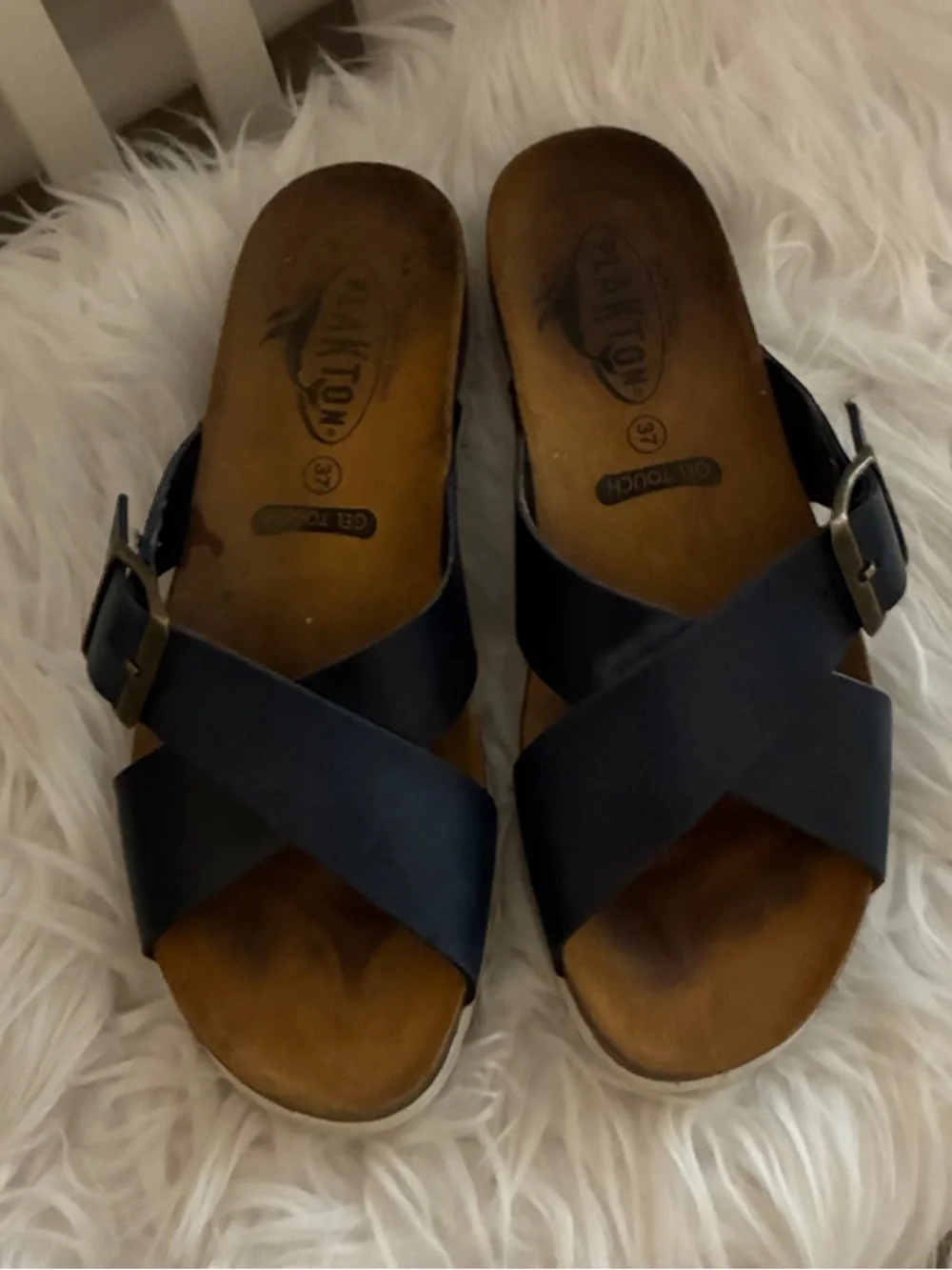 Plakton Baker Navy Gel Touch Slide Sandals Cross-Strap Sandals with Buckle Sz 37